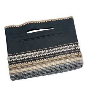 THE SAK Black Leather with Embroidered Detail Zip Closure Clutch Purse